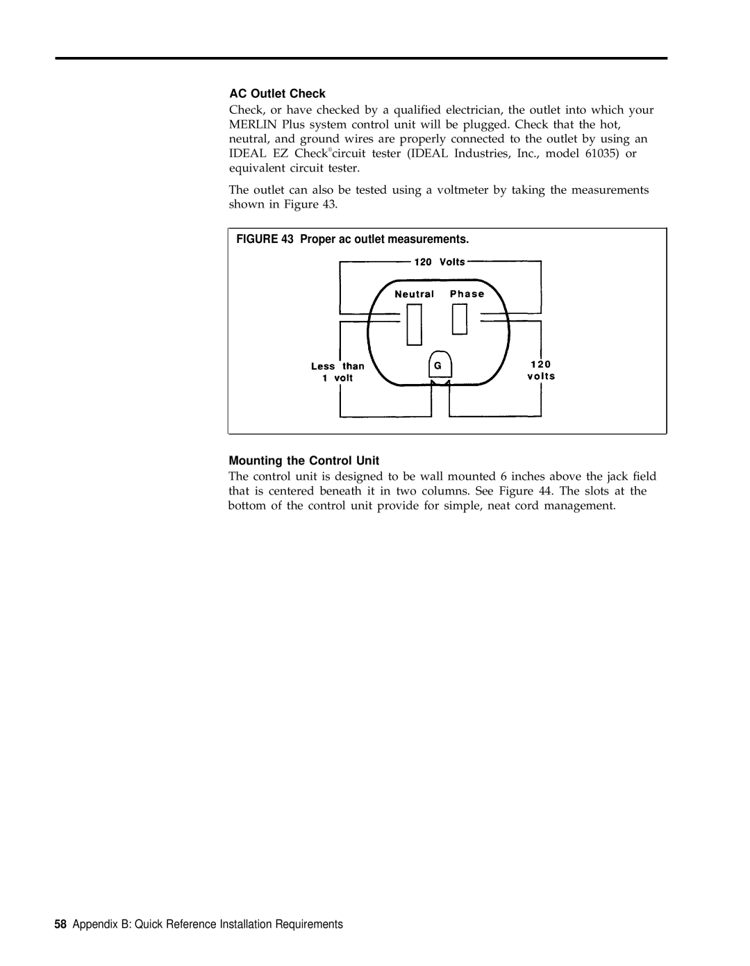 3Com RELEASE 2 installation manual AC Outlet Check, Proper ac outlet measurements Mounting the Control Unit 