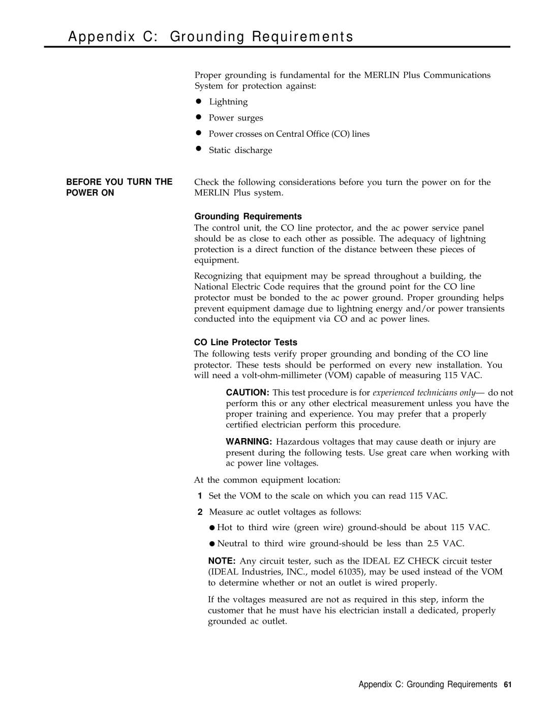 3Com RELEASE 2 installation manual Appendix C Grounding Requirements, Before YOU Turn, Power on, CO Line Protector Tests 