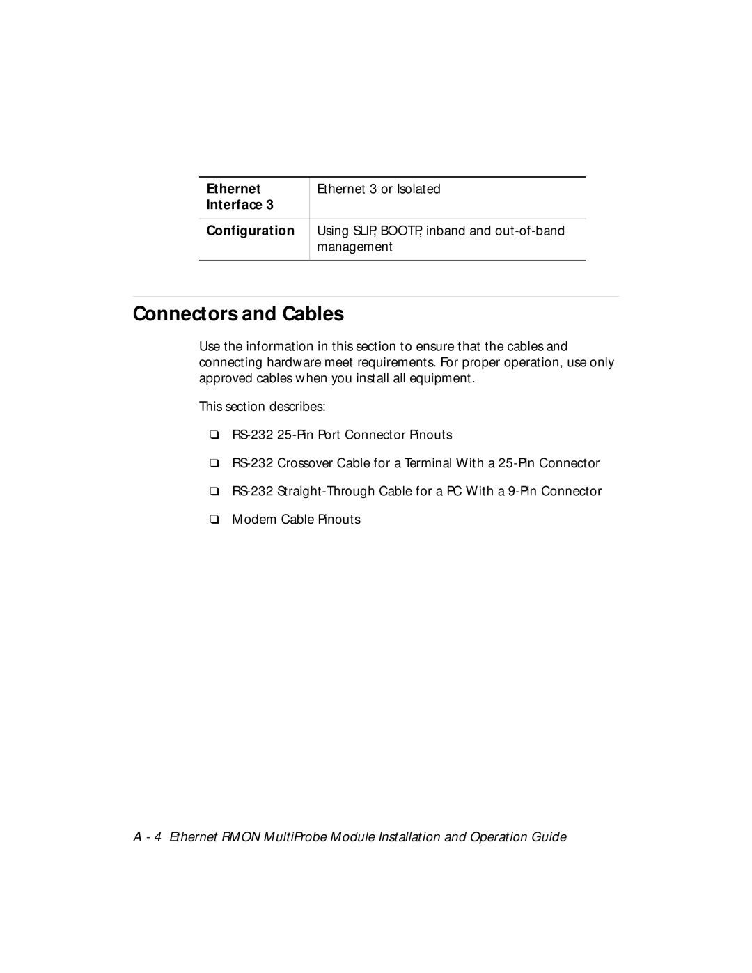 3Com RMON-EMP-3 installation and operation guide Connectors and Cables, Interface Configuration 