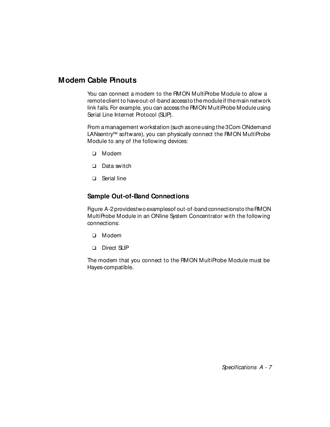 3Com RMON-EMP-3 installation and operation guide Modem Cable Pinouts, Sample Out-of-Band Connections 