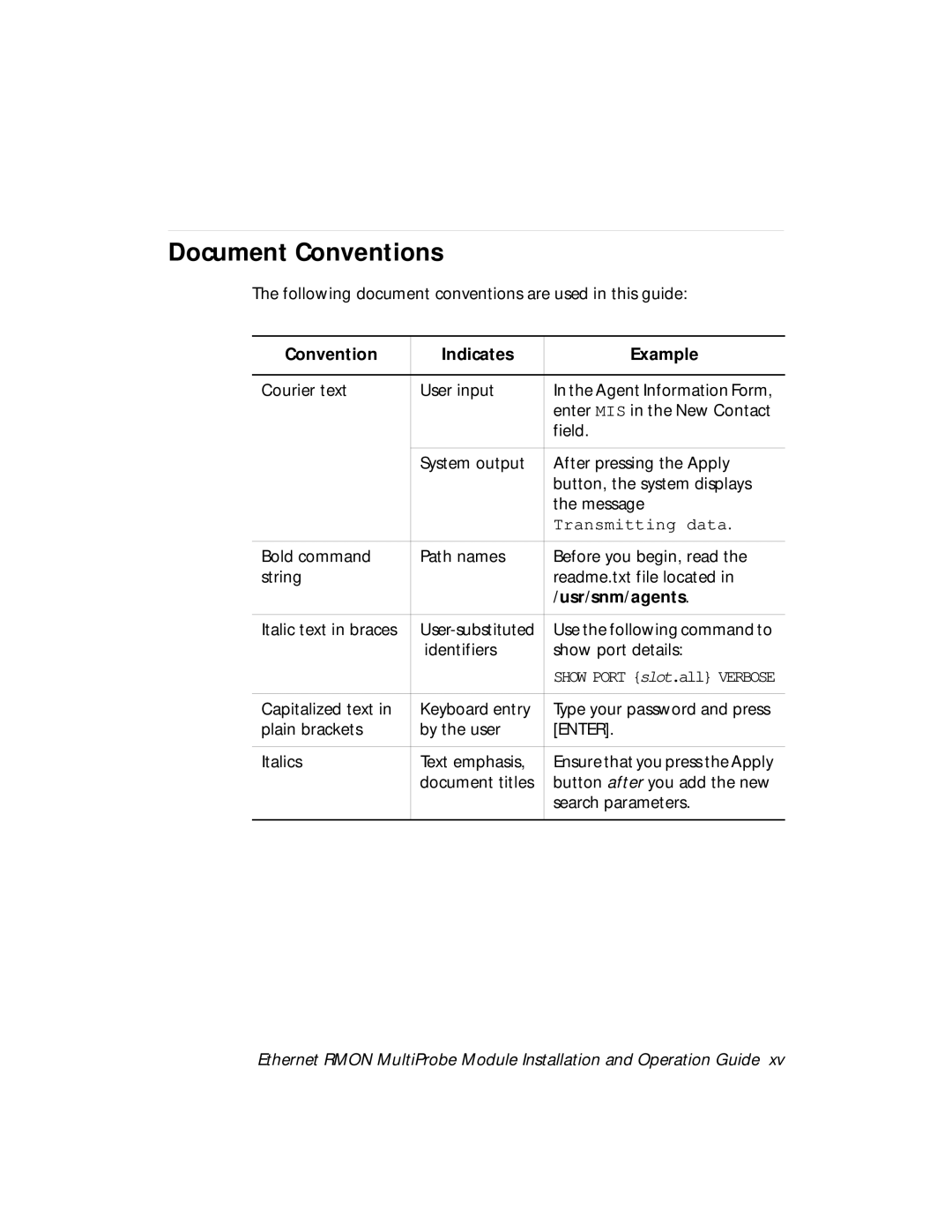 3Com RMON-EMP-3 installation and operation guide Document Conventions, Convention Indicates Example, Usr/snm/agents 