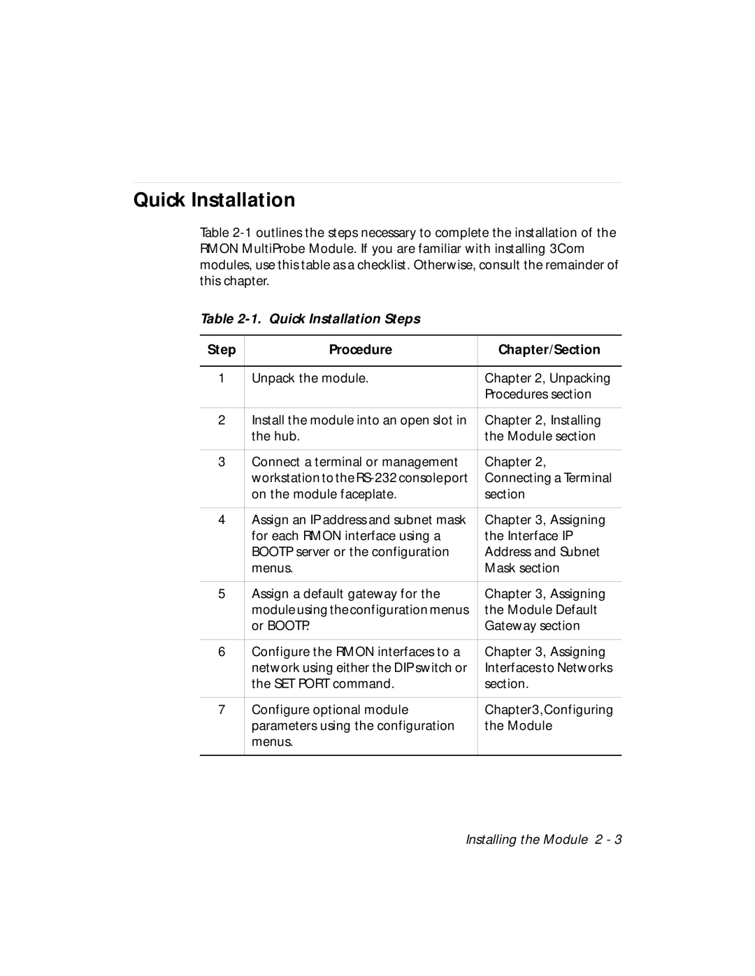 3Com RMON-EMP-3 installation and operation guide Quick Installation Steps, Step Procedure Chapter/Section 