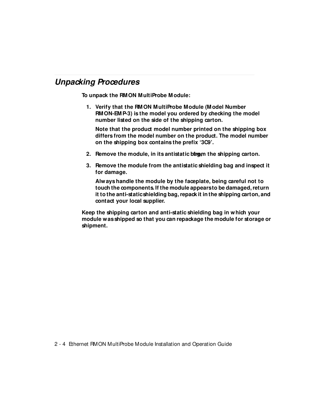 3Com RMON-EMP-3 installation and operation guide Unpacking Procedures 