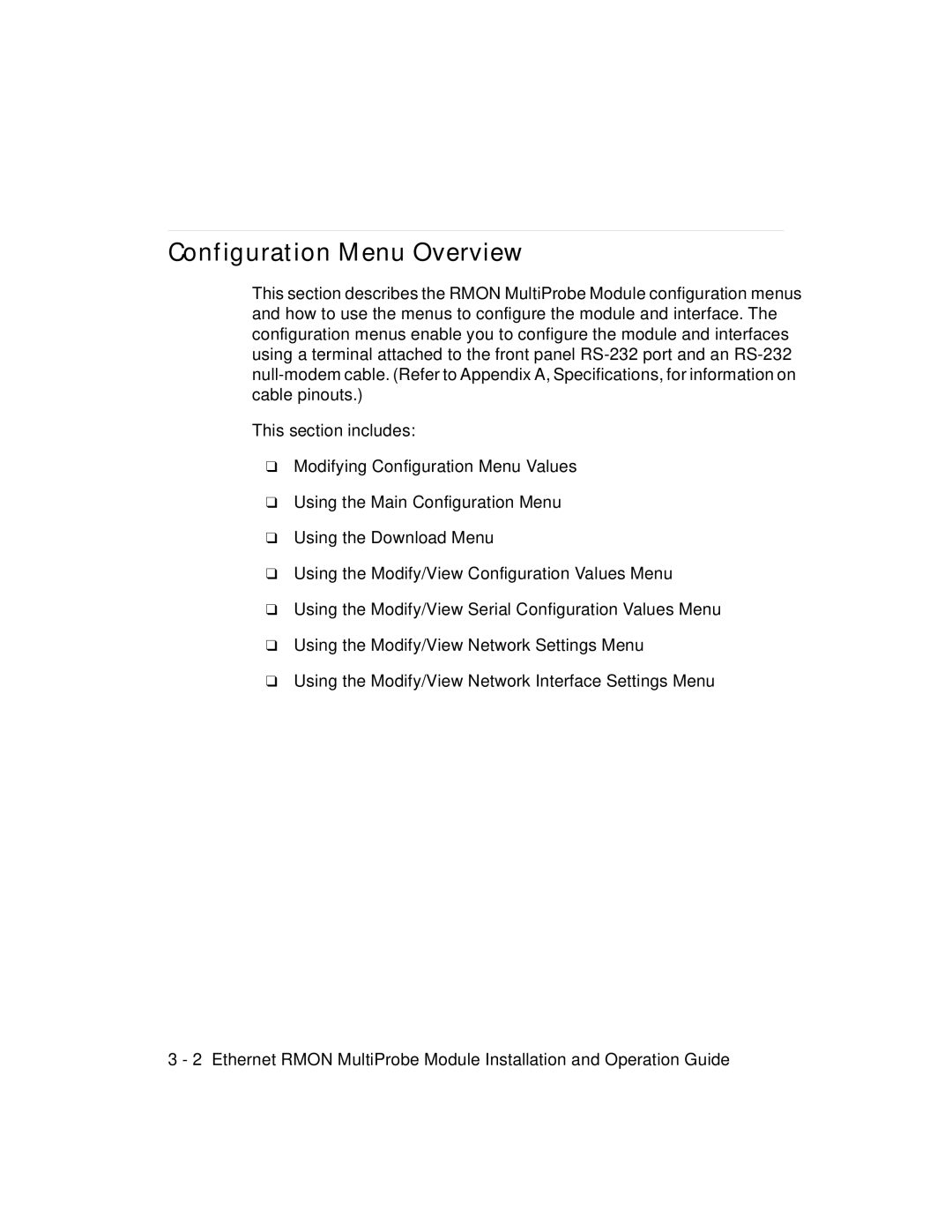 3Com RMON-EMP-3 installation and operation guide Configuration Menu Overview 