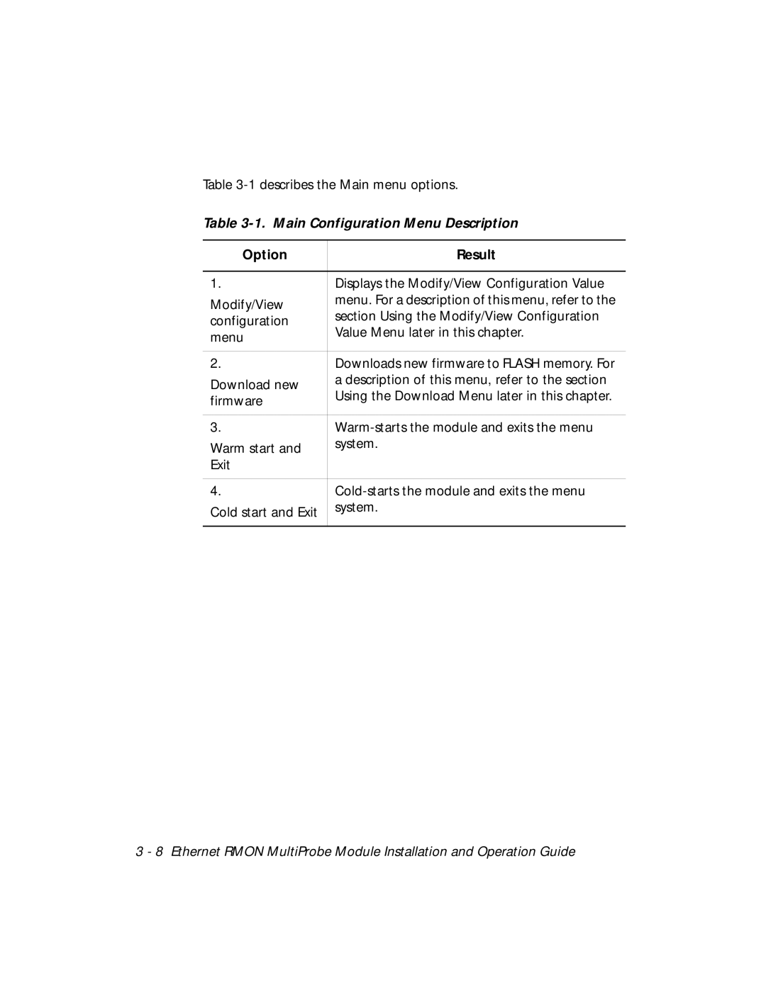 3Com RMON-EMP-3 installation and operation guide Main Configuration Menu Description, Option Result 