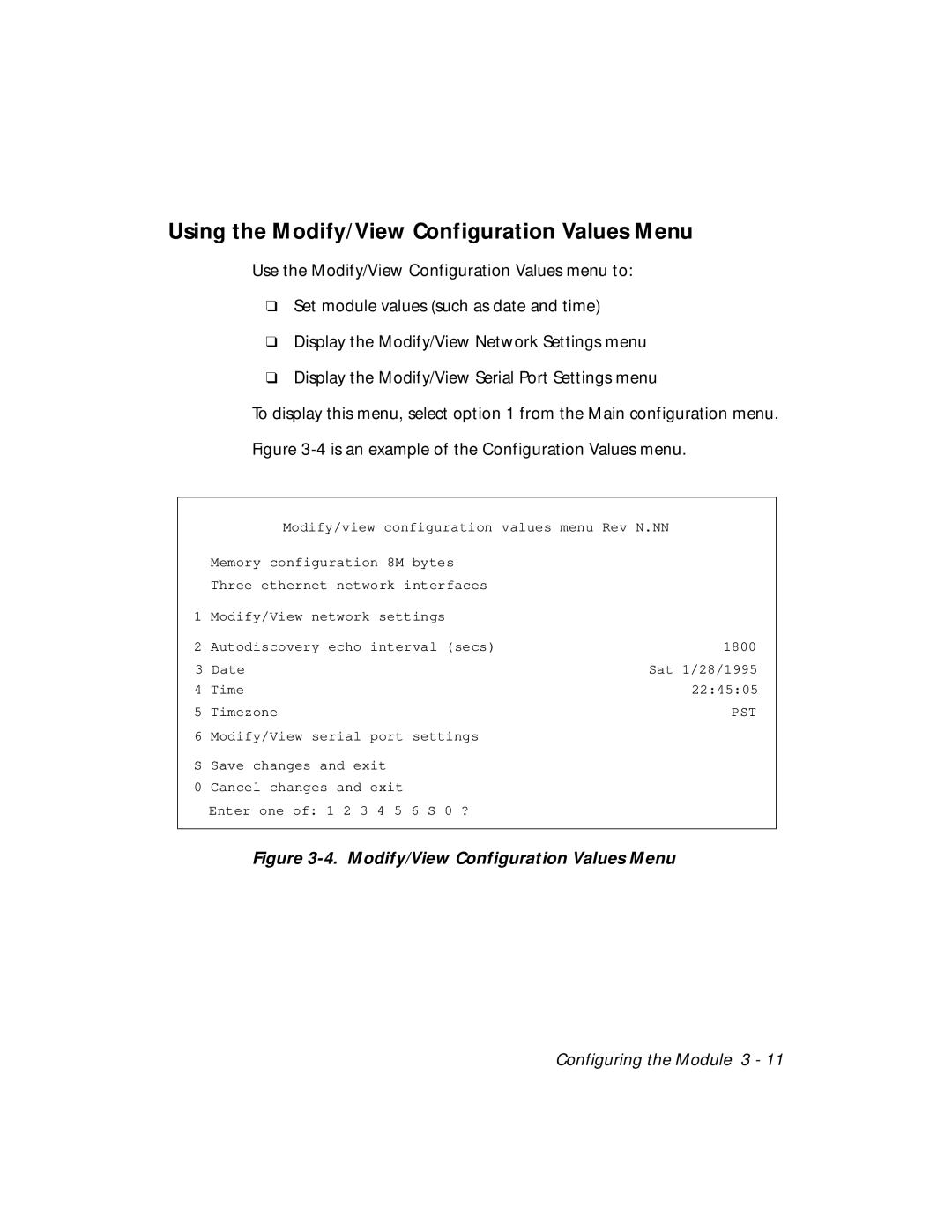 3Com RMON-EMP-3 installation and operation guide Using the Modify/View Configuration Values Menu 