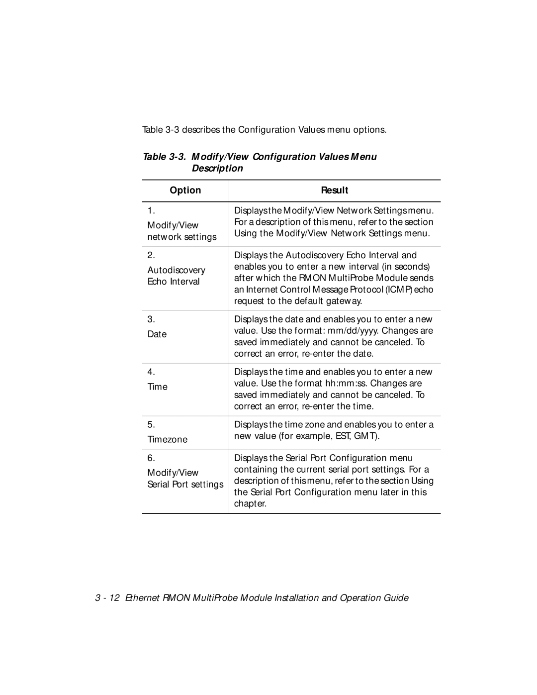 3Com RMON-EMP-3 installation and operation guide Modify/View Configuration Values Menu Description 