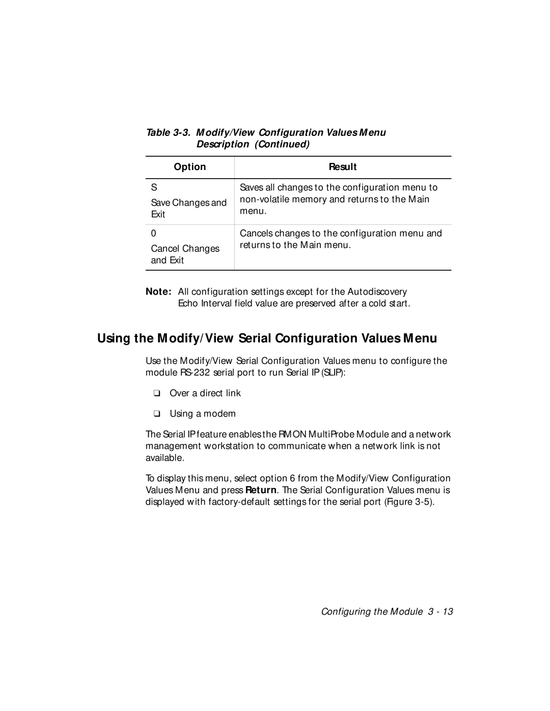 3Com RMON-EMP-3 installation and operation guide Using the Modify/View Serial Configuration Values Menu 