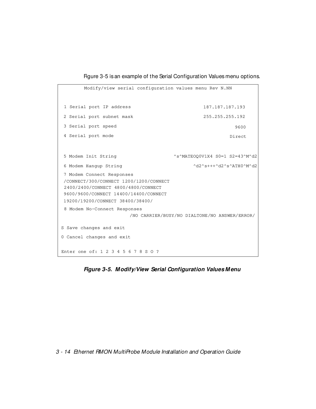 3Com RMON-EMP-3 installation and operation guide Modify/View Serial Configuration Values Menu 