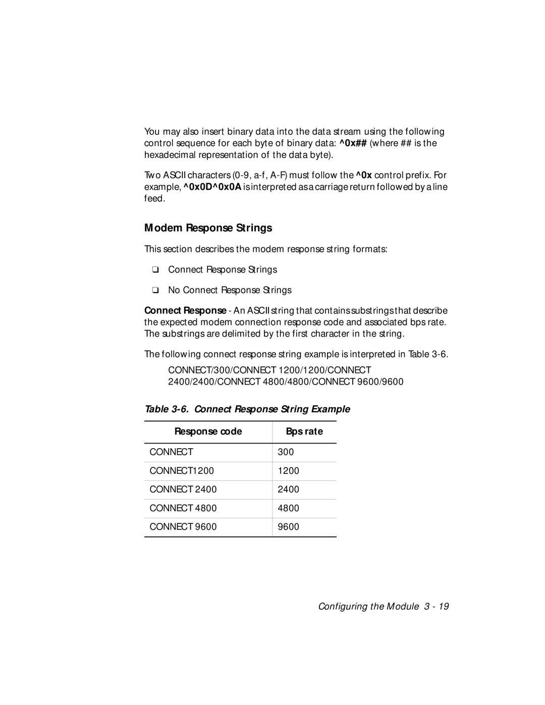 3Com RMON-EMP-3 Modem Response Strings, Connect Response String Example, Response code Bps rate 