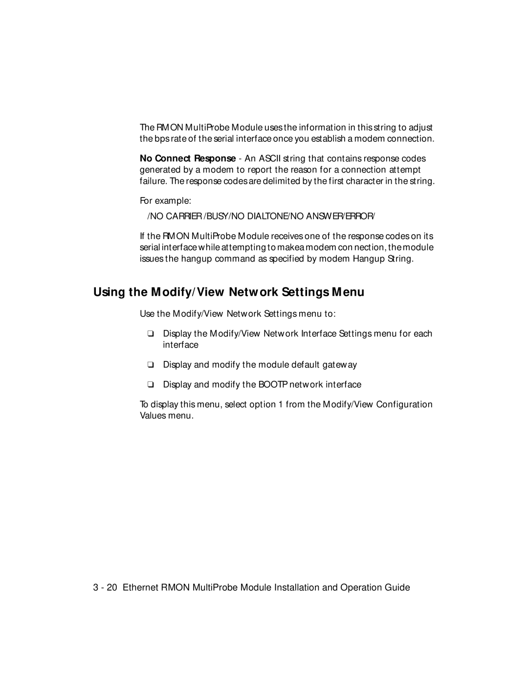 3Com RMON-EMP-3 Using the Modify/View Network Settings Menu, No Carrier /BUSY/NO DIALTONE/NO ANSWER/ERROR 