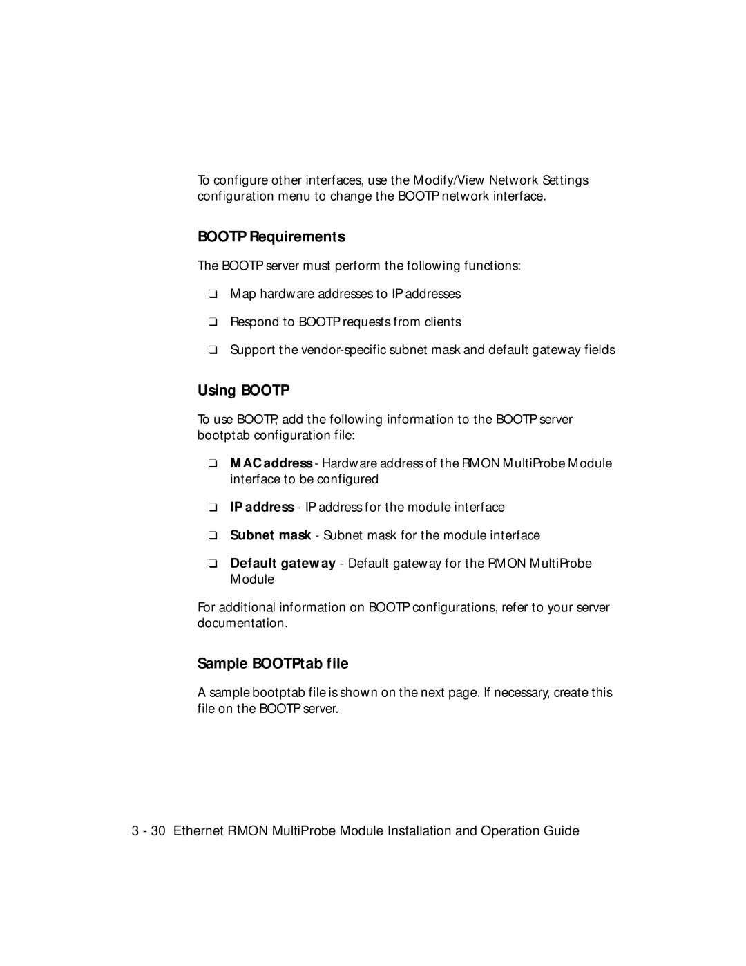 3Com RMON-EMP-3 installation and operation guide Bootp Requirements, Using Bootp, Sample BOOTPtab file 