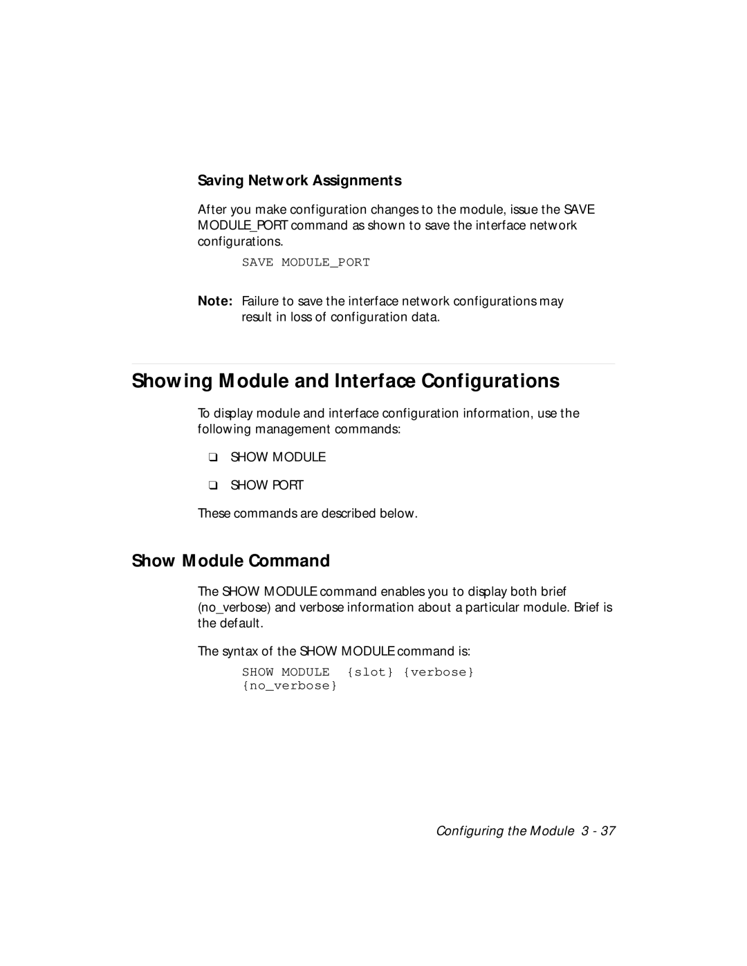 3Com RMON-EMP-3 Showing Module and Interface Configurations, Show Module Command, Saving Network Assignments 