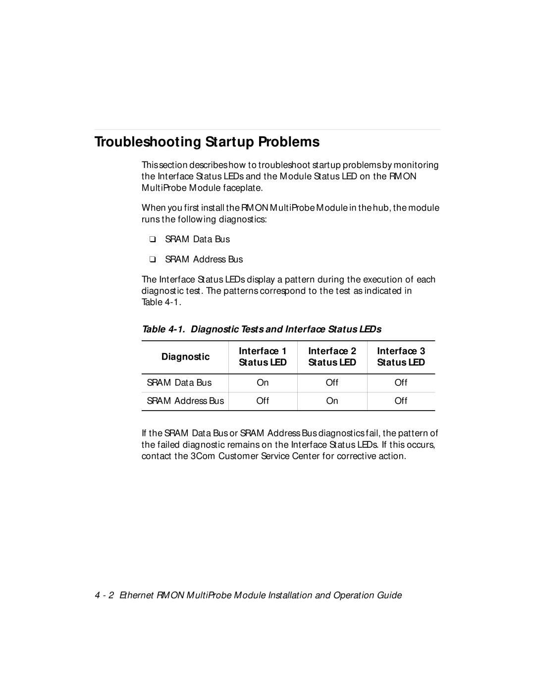 3Com RMON-EMP-3 Troubleshooting Startup Problems, Diagnostic Tests and Interface Status LEDs, Diagnostic Interface 