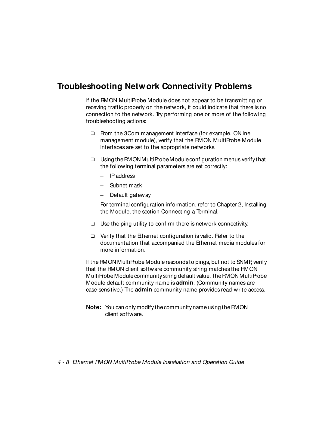 3Com RMON-EMP-3 installation and operation guide Troubleshooting Network Connectivity Problems 