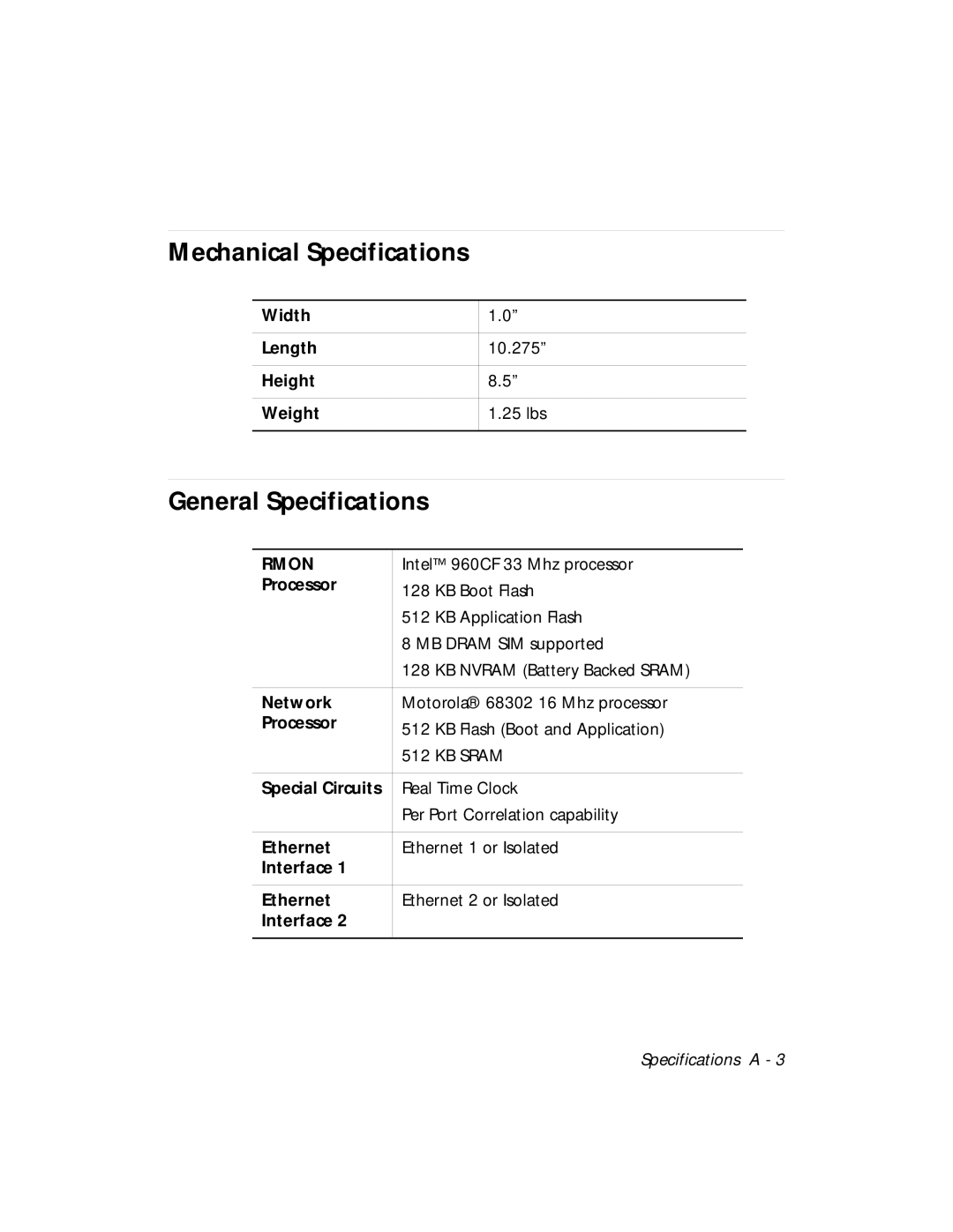 3Com RMON-EMP-3 installation and operation guide Mechanical Specifications, General Specifications 