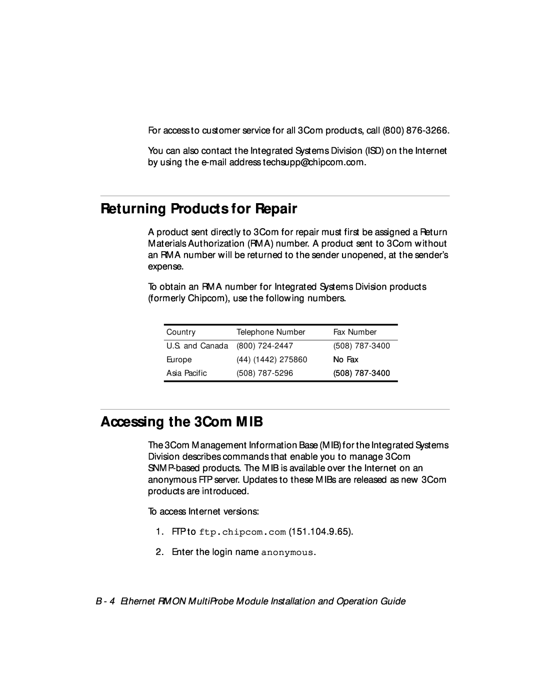 3Com RMON-EMP-3 installation and operation guide Returning Products for Repair, Accessing the 3Com MIB 