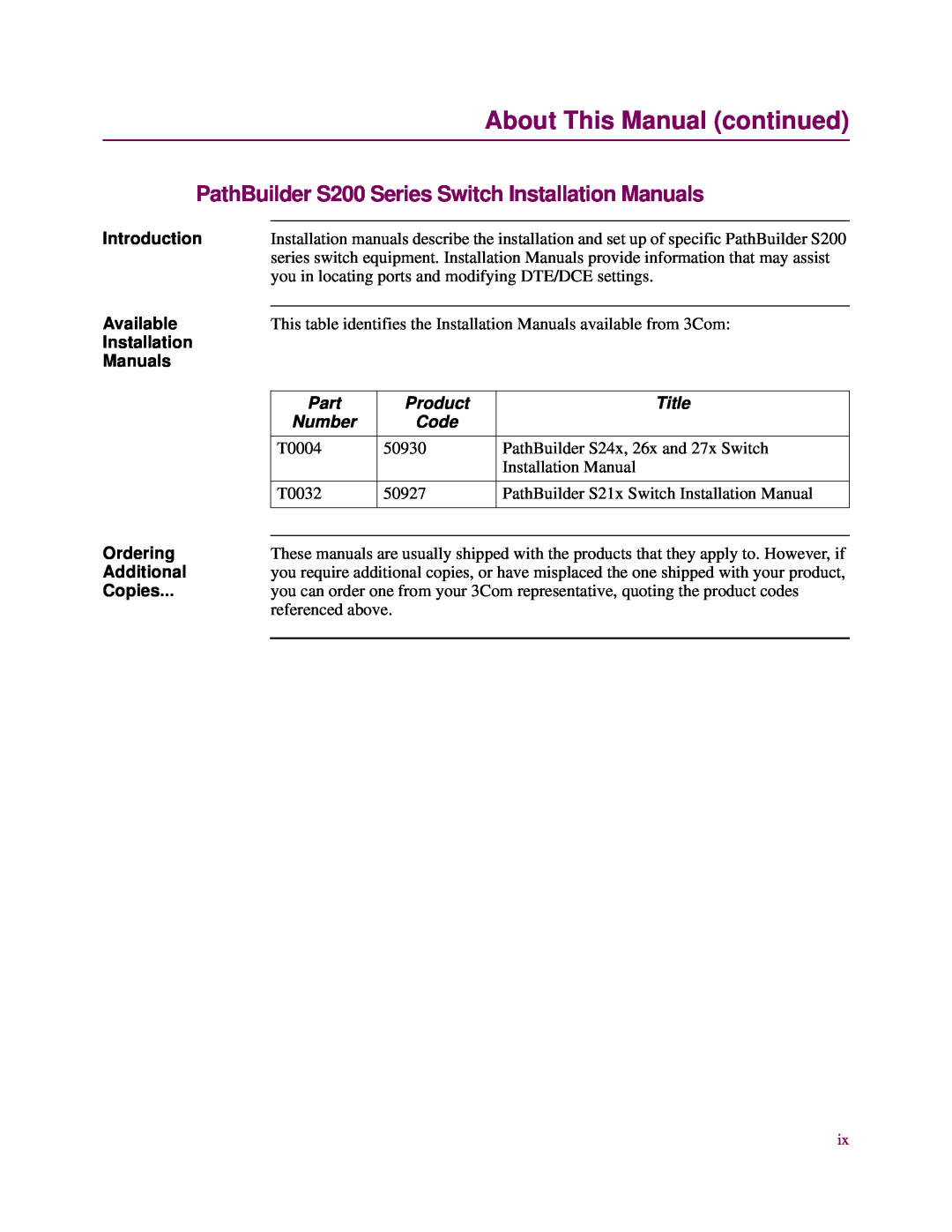 3Com About This Manual continued, PathBuilder S200 Series Switch Installation Manuals, Available, Ordering, Additional 