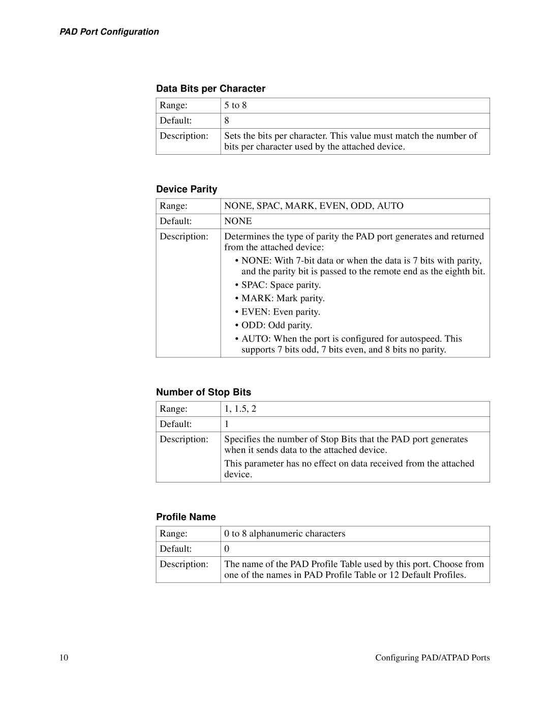 3Com S200 Data Bits per Character, Device Parity, NONE, SPAC, MARK, EVEN, ODD, Auto, Number of Stop Bits, Profile Name 