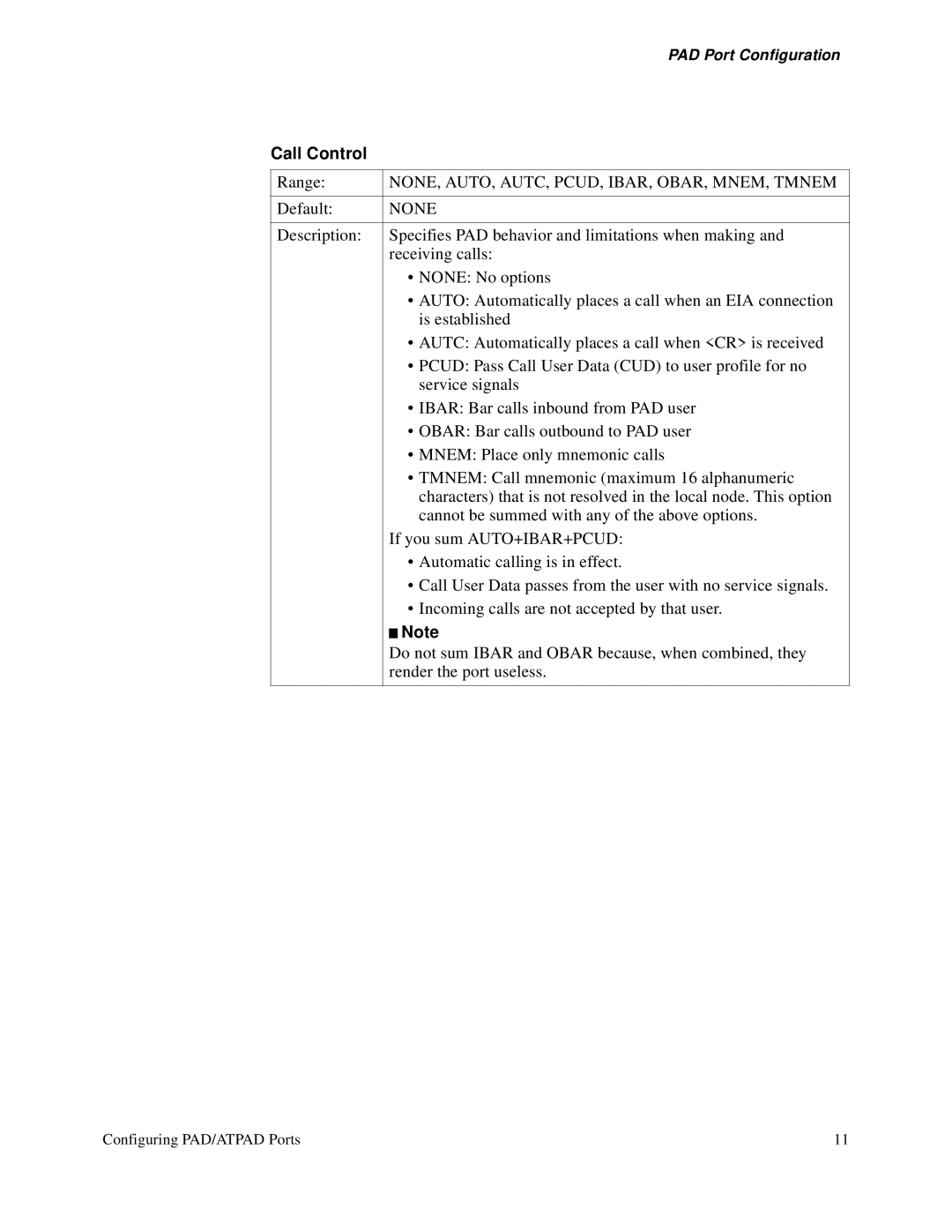 3Com S200 manual Call Control, NONE, AUTO, AUTC, PCUD, IBAR, OBAR, MNEM, Tmnem 