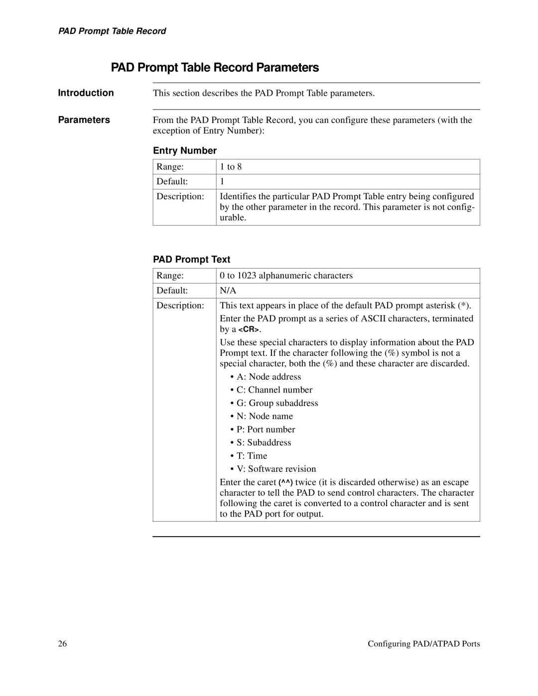 3Com S200 manual PAD Prompt Table Record Parameters, Entry Number, PAD Prompt Text 