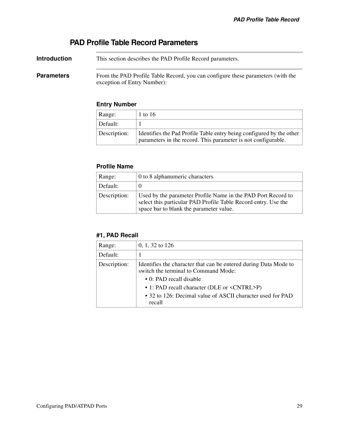 3Com S200 manual PAD Profile Table Record Parameters, #1, PAD Recall 