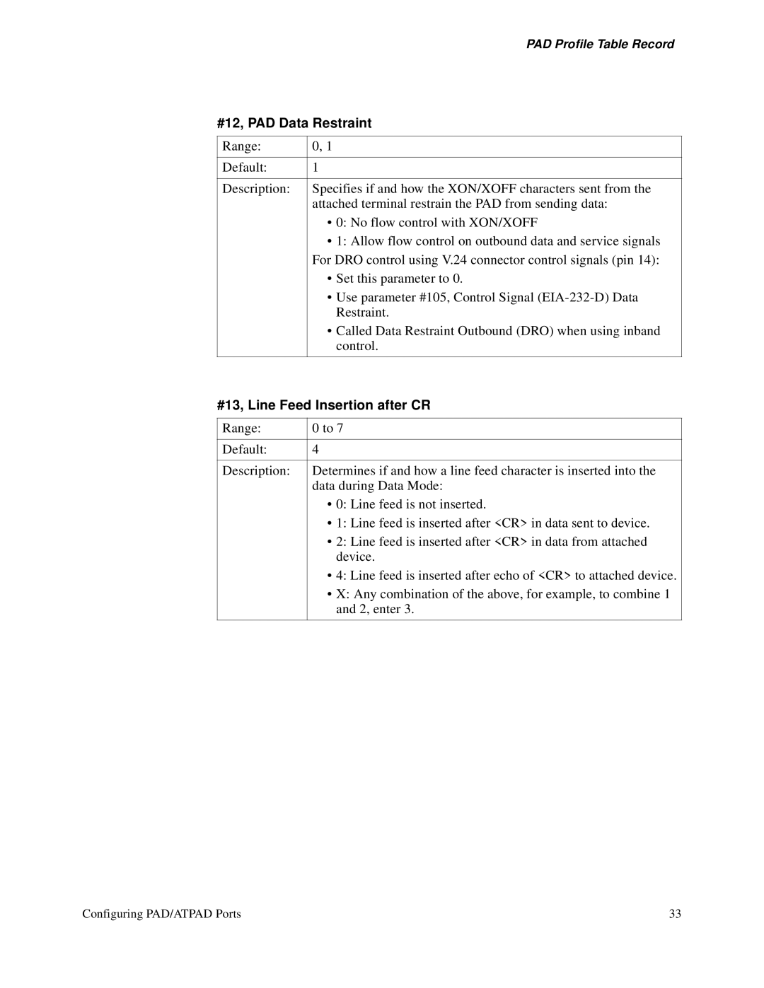 3Com S200 manual #12, PAD Data Restraint, #13, Line Feed Insertion after CR 