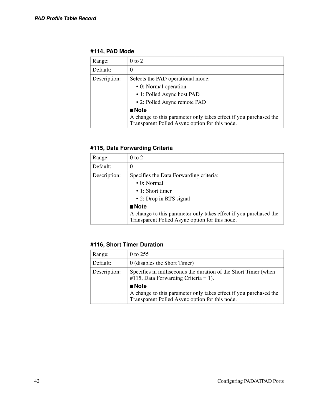 3Com S200 manual #114, PAD Mode, #115, Data Forwarding Criteria, #116, Short Timer Duration 