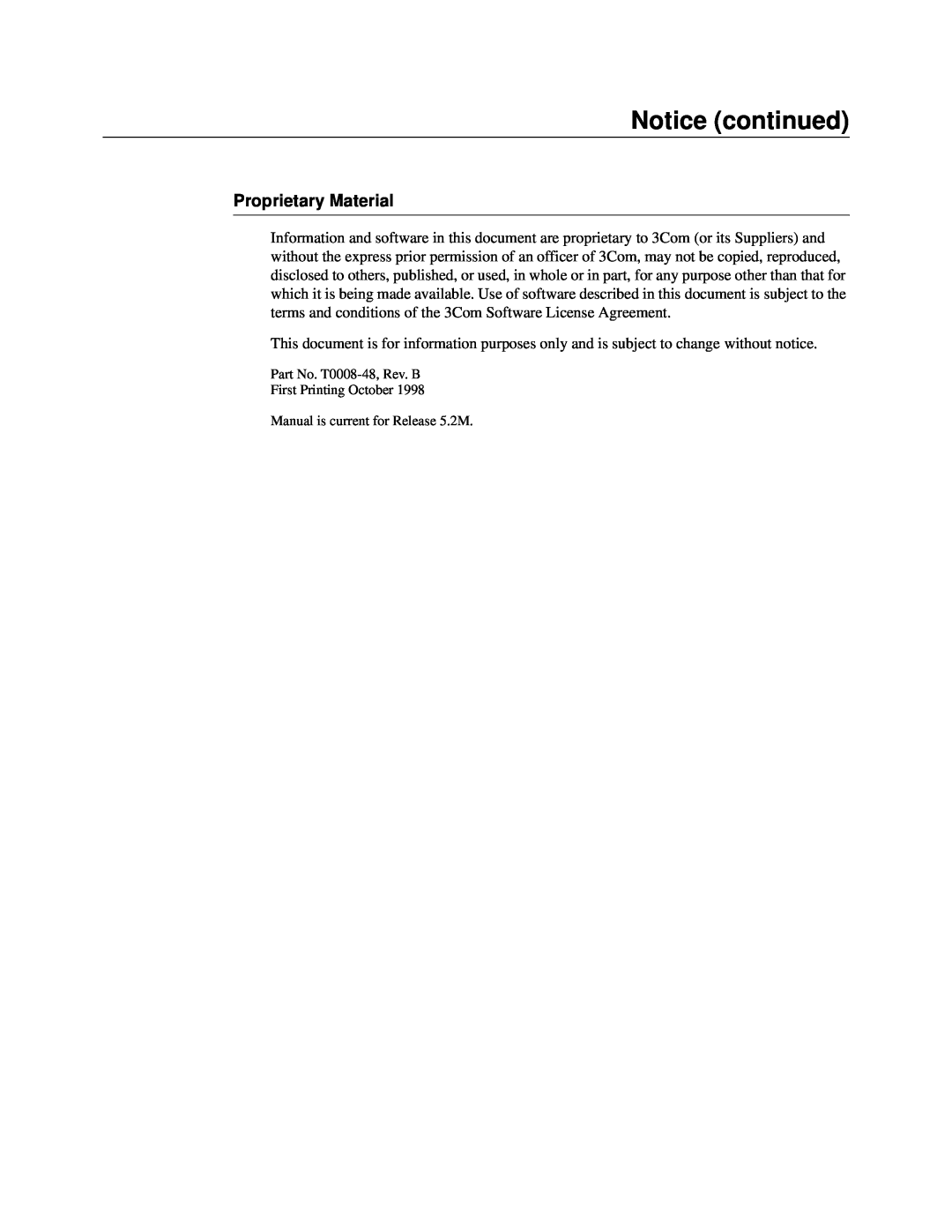 3Com S200 manual Proprietary Material, Notice continued 