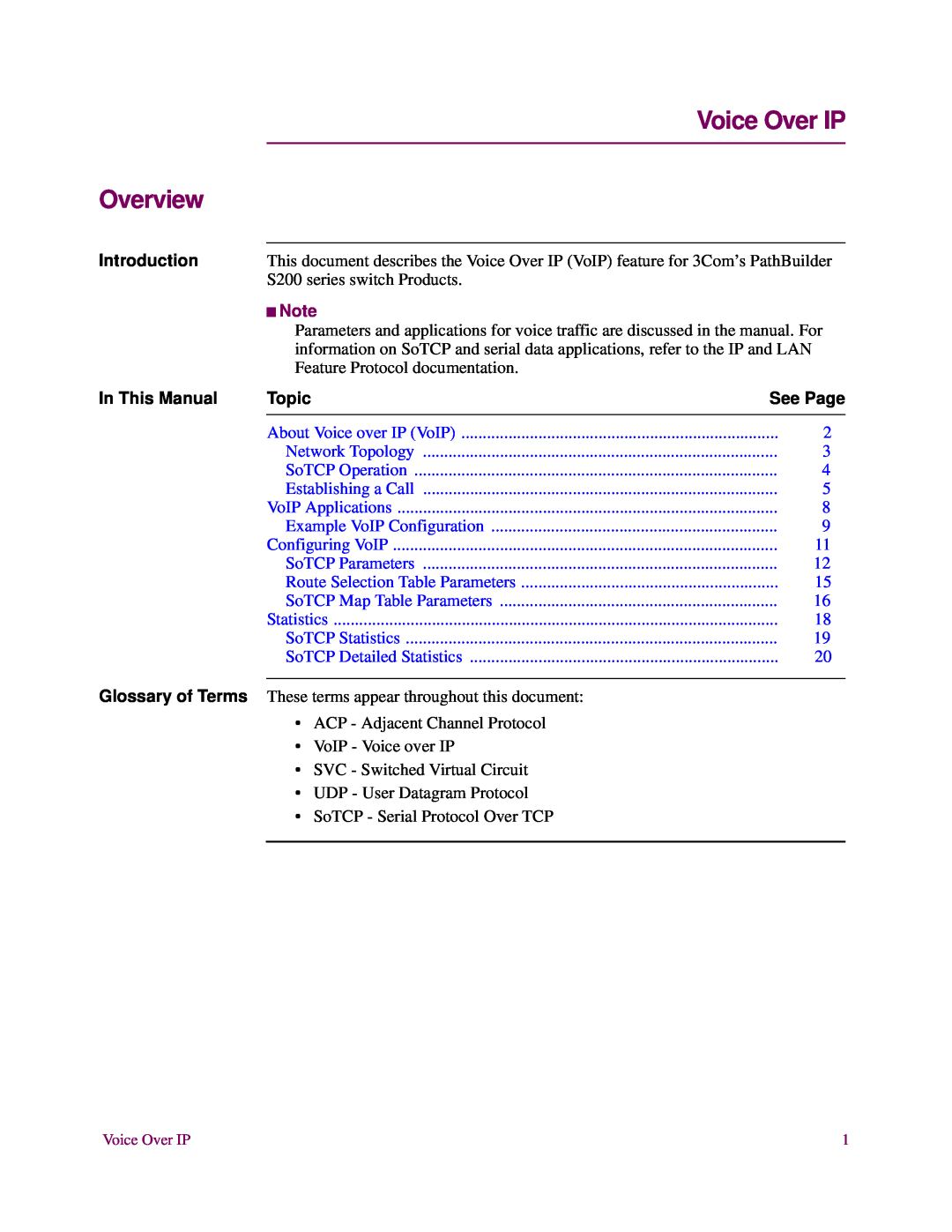 3Com S200 manual Overview, Voice Over IP, Introduction, In This Manual, Topic, See Page 