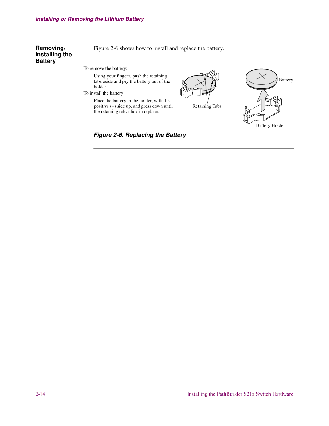 3Com S21x installation manual Removing, Installing Battery 