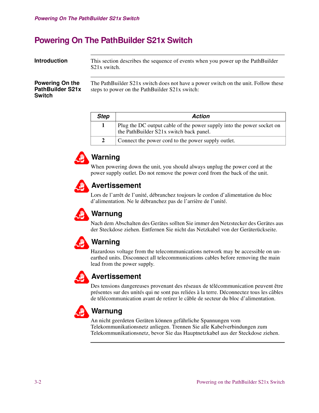 3Com installation manual Powering On The PathBuilder S21x Switch 