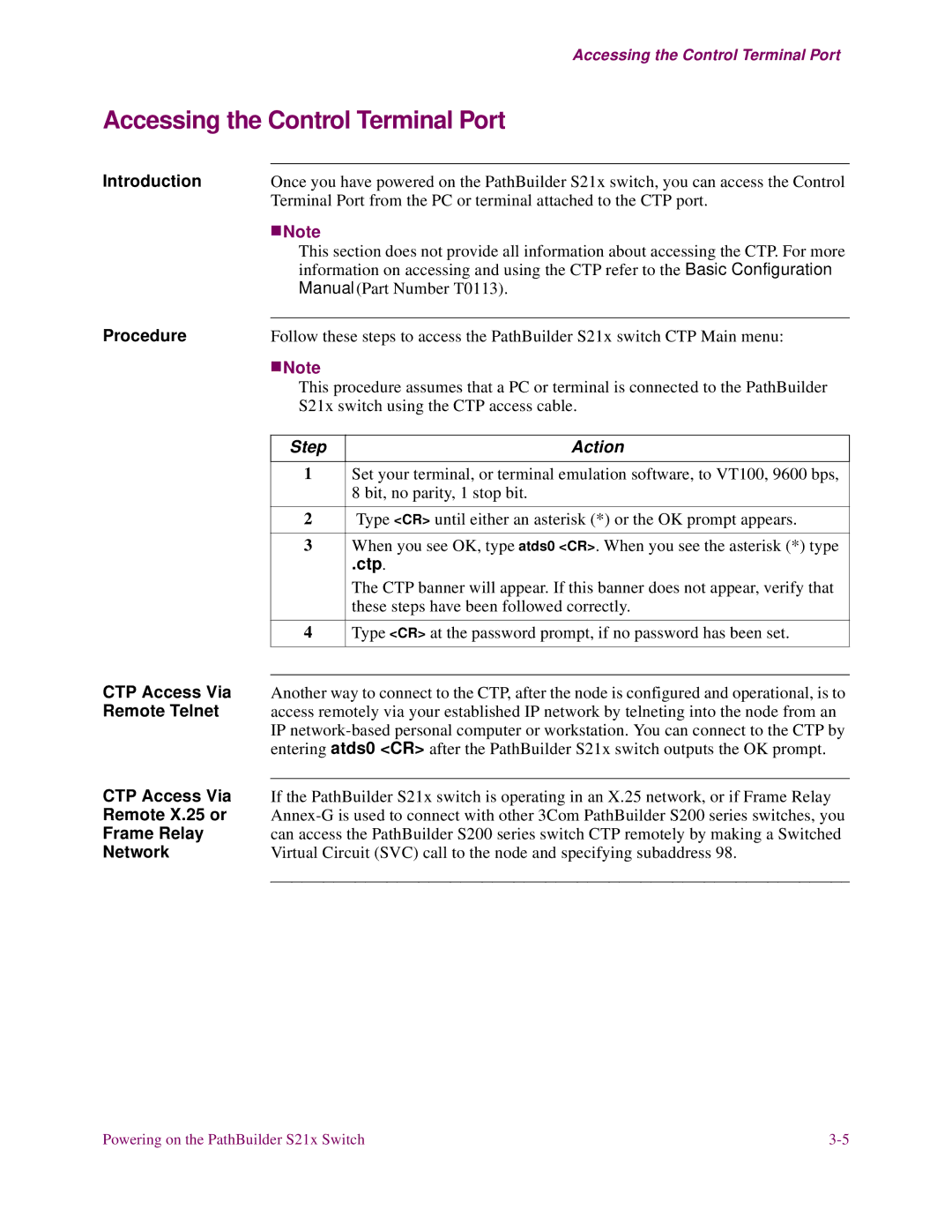 3Com S21x installation manual Accessing the Control Terminal Port 