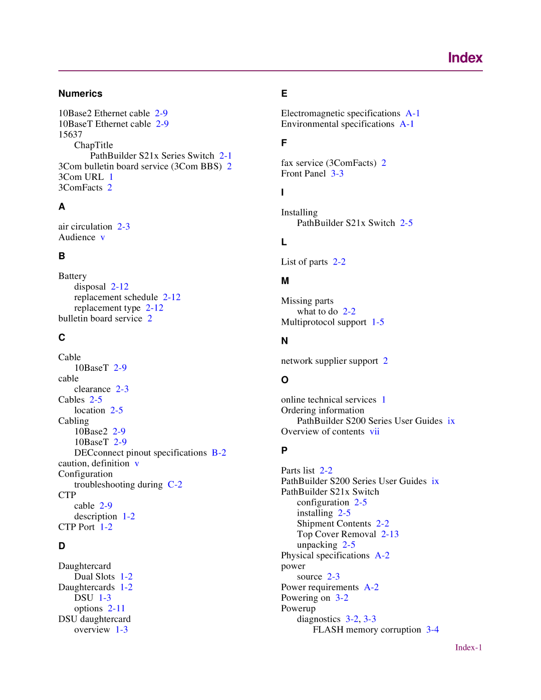 3Com S21x installation manual Index, Numerics 