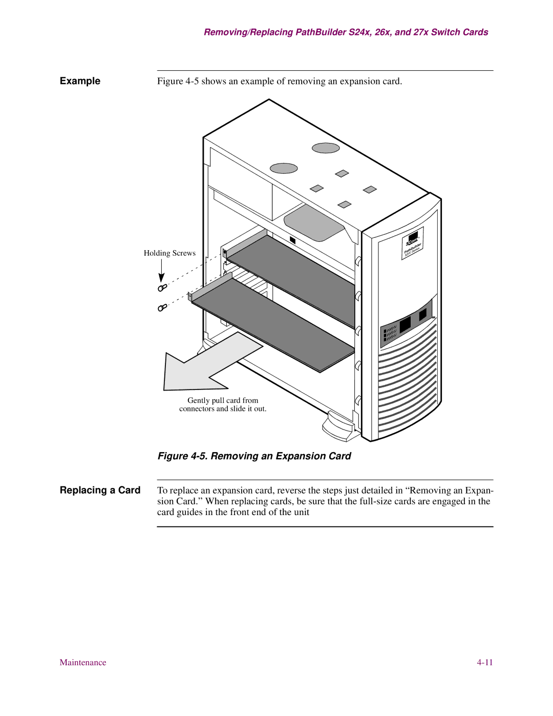 3Com S24x, S27x, S26x installation manual Removing an Expansion Card 