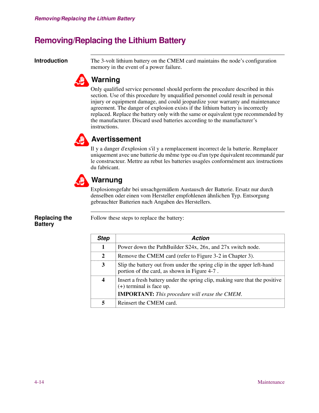 3Com S24x, S27x, S26x installation manual Removing/Replacing the Lithium Battery 