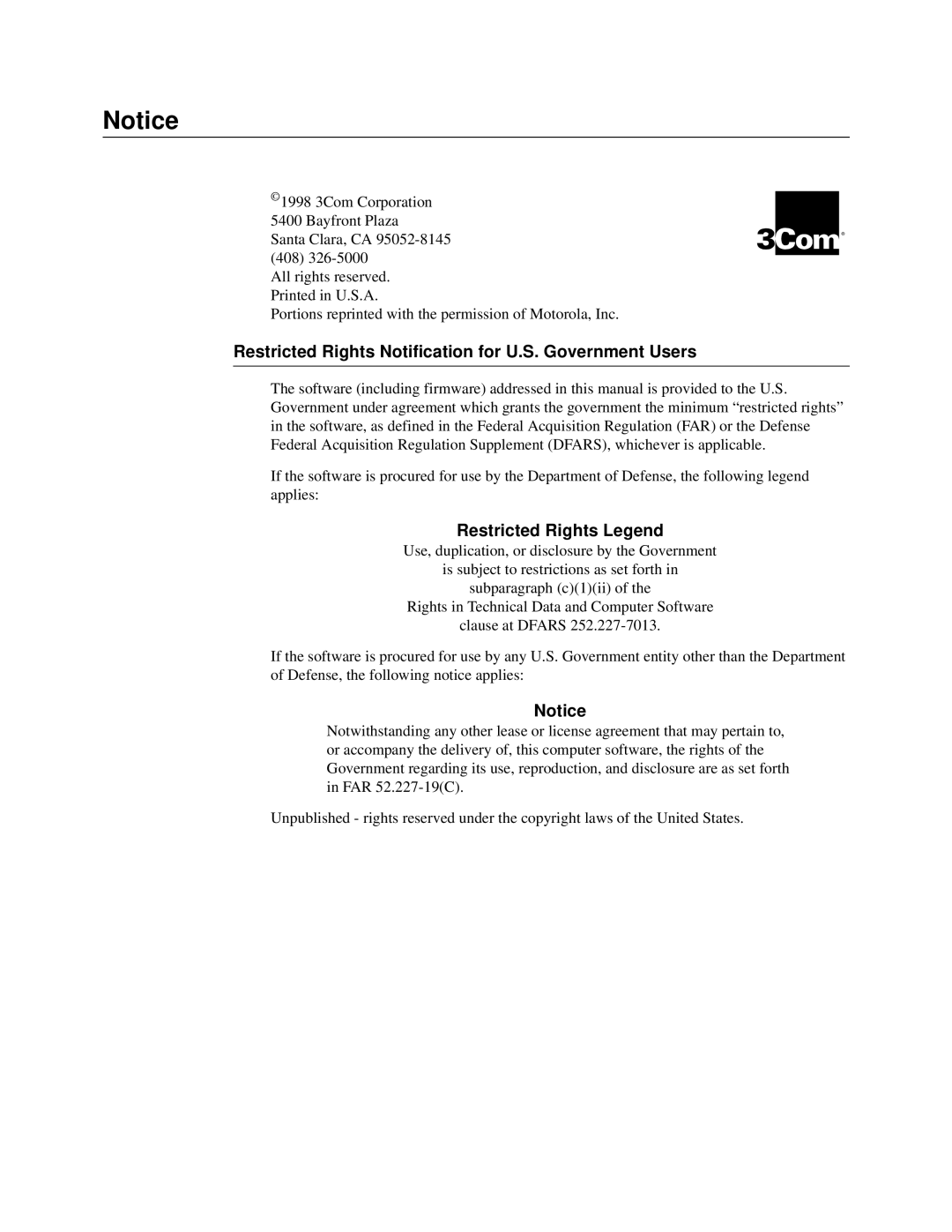 3Com S24x, S27x, S26x installation manual Restricted Rights Notification for U.S. Government Users, Restricted Rights Legend 