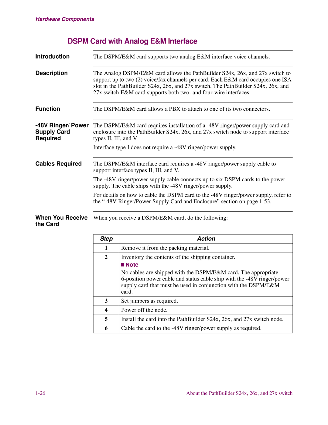 3Com S26x, S27x, S24x installation manual Dspm Card with Analog E&M Interface 