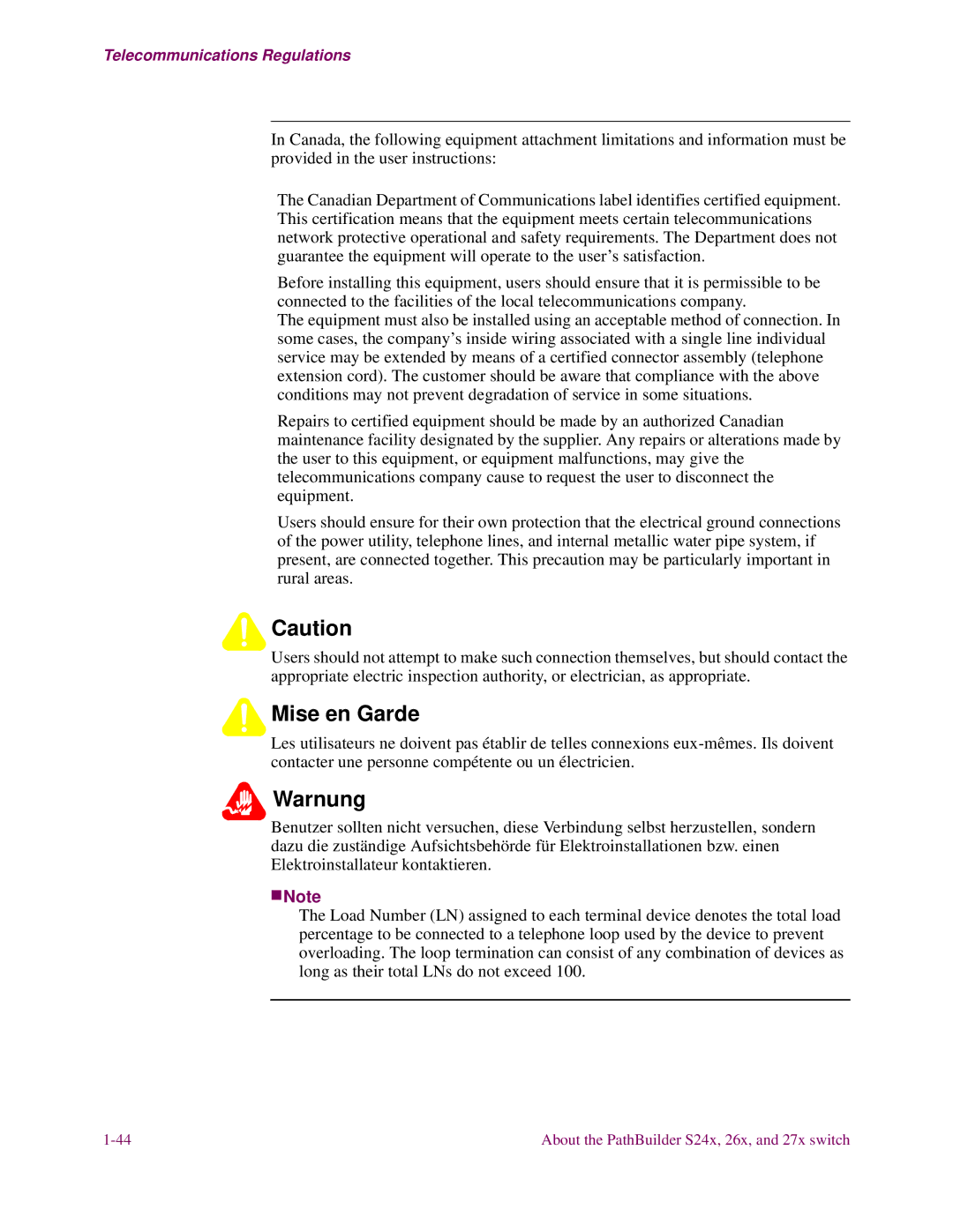 3Com S26x, S27x, S24x installation manual Mise en Garde 