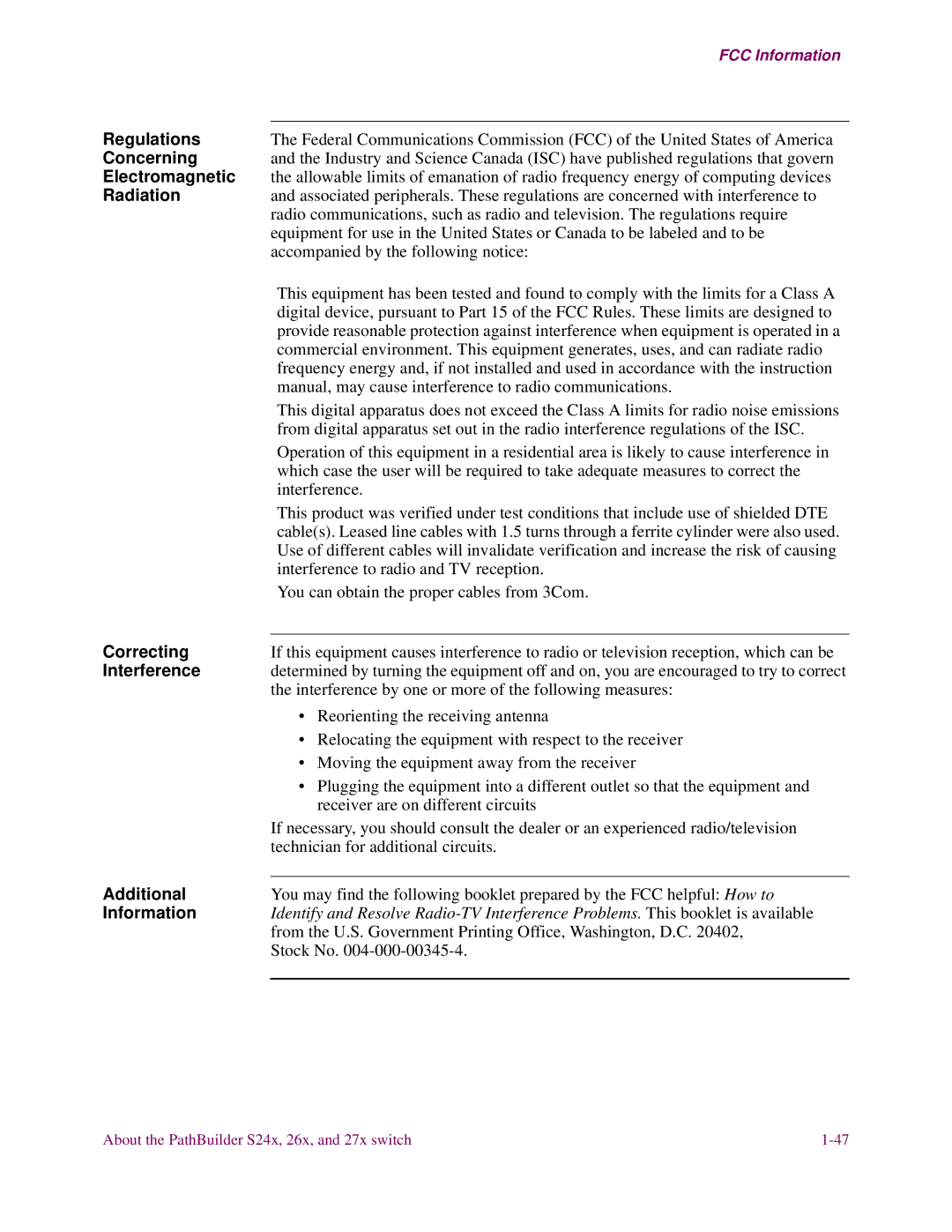 3Com S26x, S27x Regulations, Concerning, Electromagnetic, Radiation, Correcting, Interference, Additional, Information 