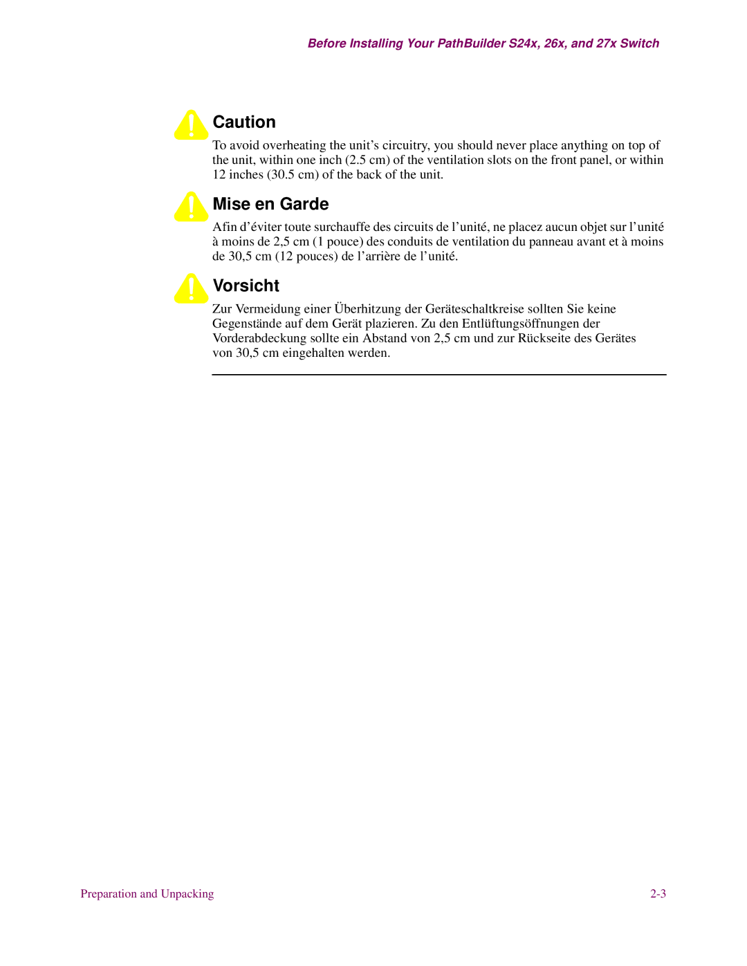 3Com S24x, S27x, S26x installation manual Mise en Garde 