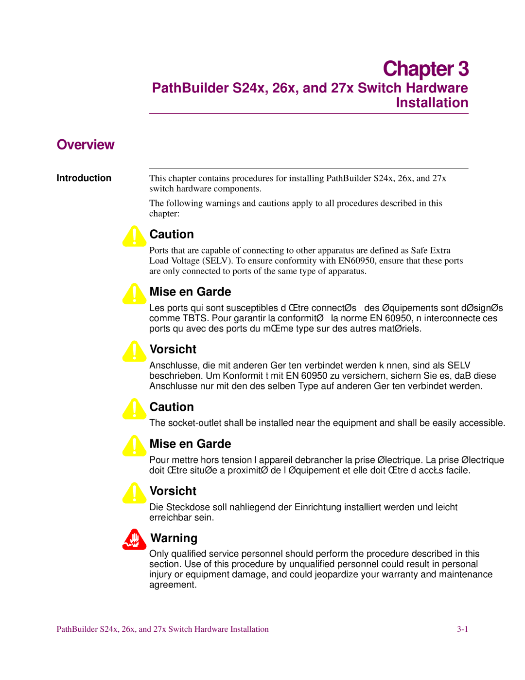 3Com S27x, S26x installation manual PathBuilder S24x, 26x, and 27x Switch Hardware, Installation 