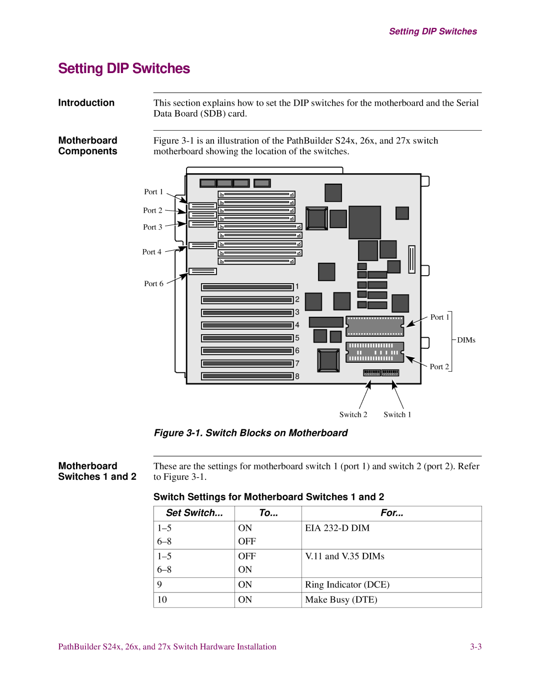 3Com S24x, S27x, S26x Setting DIP Switches, Switch Settings for Motherboard Switches 1, Set Switch For, EIA 232-D DIM 