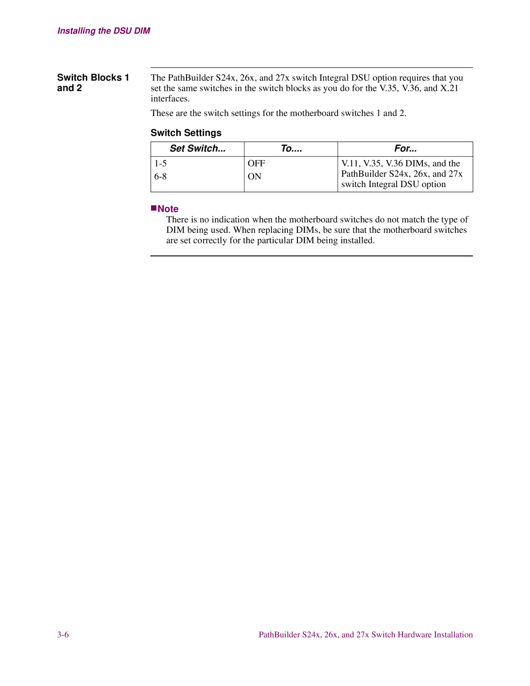 3Com S24x, S27x, S26x installation manual Switch Settings, Set Switch For 