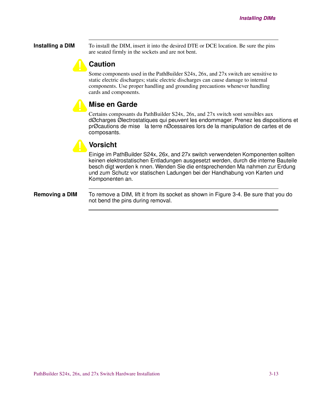 3Com S27x, S26x, S24x installation manual Mise en Garde 