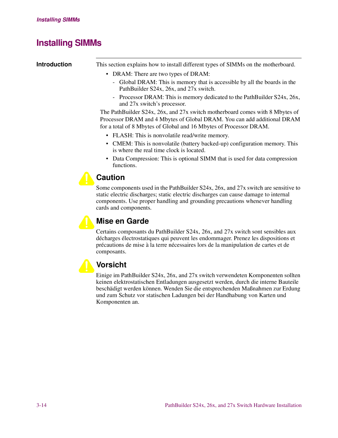 3Com S26x, S27x, S24x installation manual Installing SIMMs 