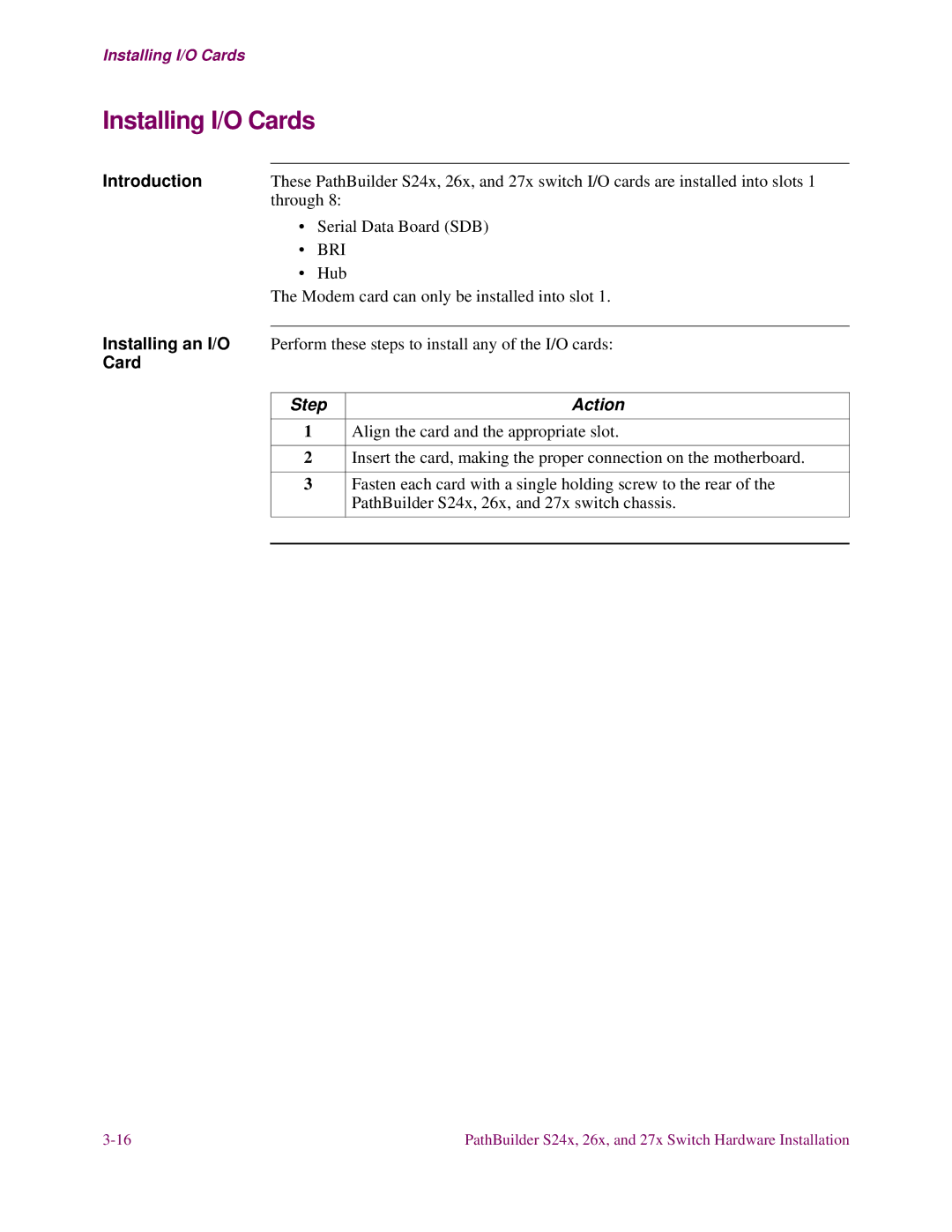 3Com S27x, S26x, S24x installation manual Installing I/O Cards, Bri, Installing an I/O 