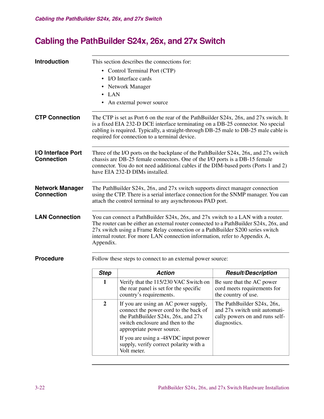 3Com S27x, S26x installation manual Cabling the PathBuilder S24x, 26x, and 27x Switch, Lan 