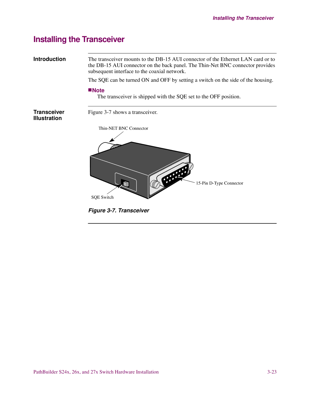 3Com S26x, S27x, S24x installation manual Installing the Transceiver 