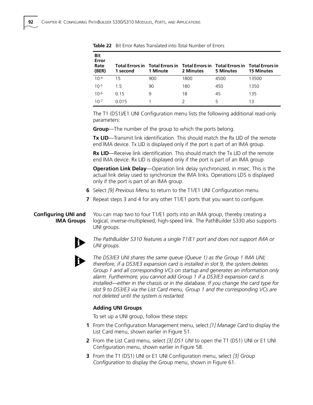 3Com S330 UNI groups, Adding UNI Groups, Bit Error Rates Translated into Total Number of Errors, Second Minute Minutes 